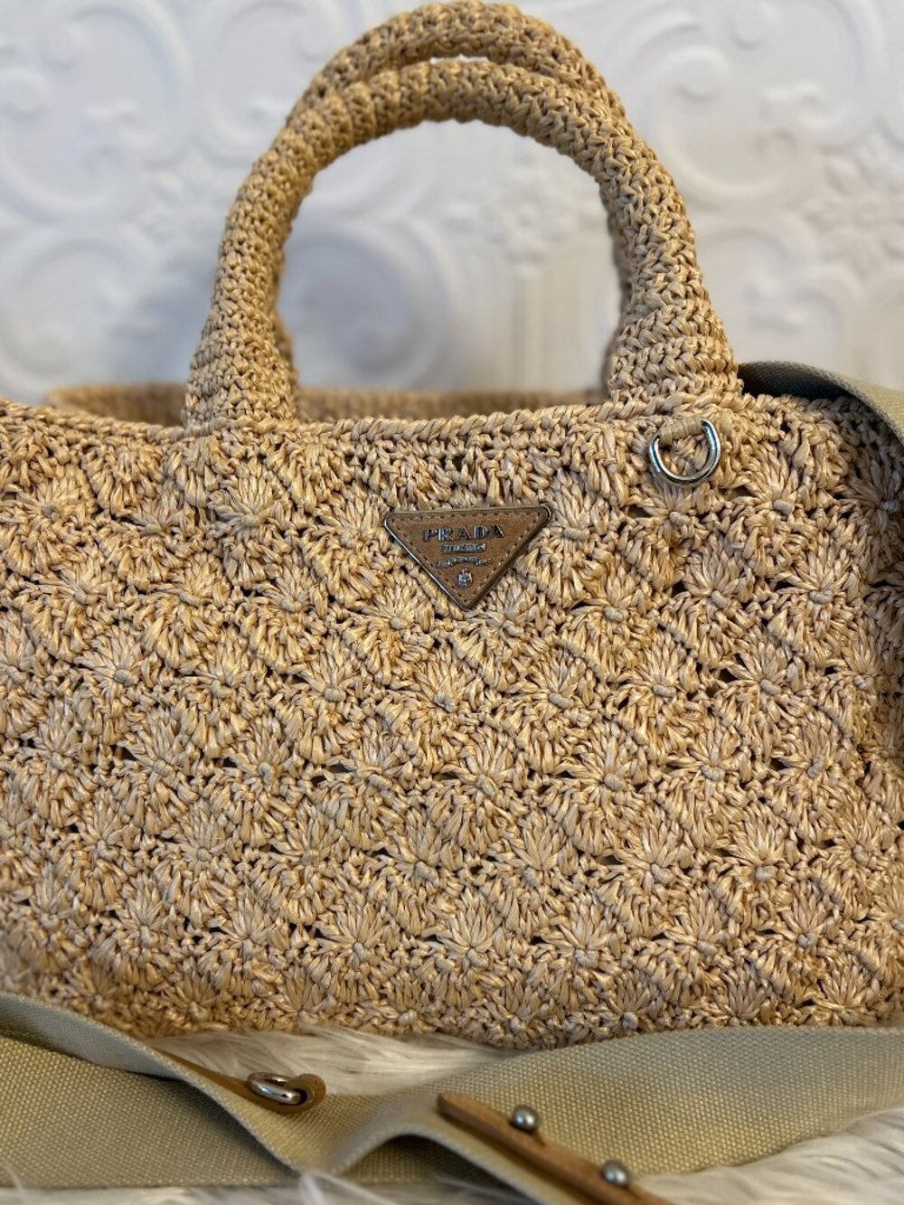 Prada Raffia Basket Tote with original Prada strap, Crossbody Straw Summer